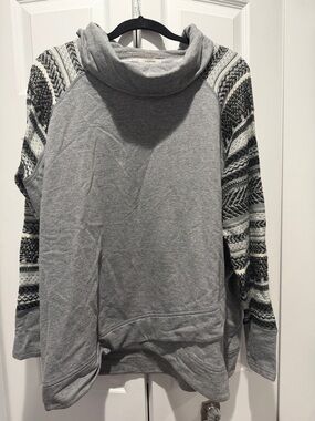 Cozy Grey Cowl Neck Sweater with Patterned Sleeves